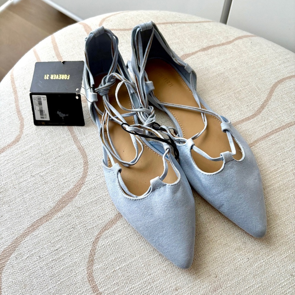 Blue ballet style string tie pointy flat
